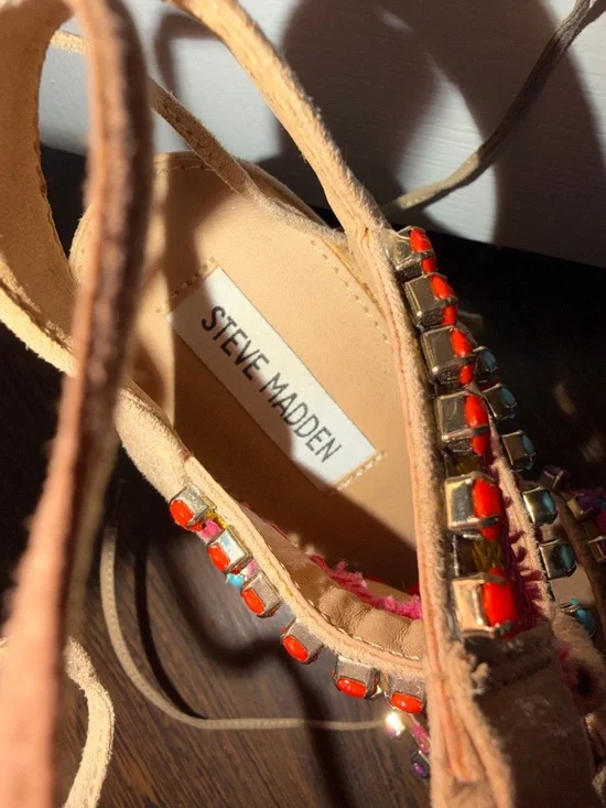 NEW Women's Tan Wedge Sandals with Pink & Turquoise Embellishments - Picture 3 of 3